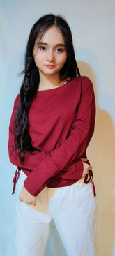 DRAWSTRING RUCHED SOLID FULL SLEEVE TEE-WINE